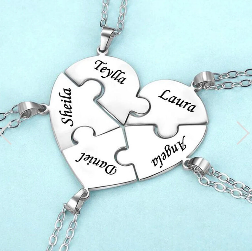 Collana puzzle cuore con nomi incisi, 6 pezzi in acciaio