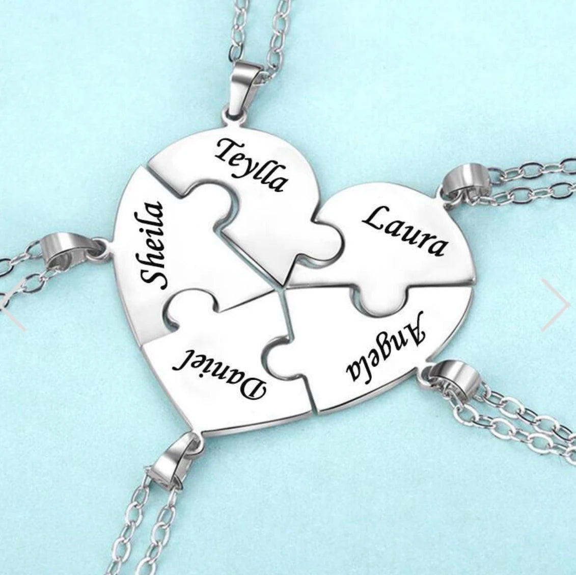 Collana puzzle cuore con nomi incisi, 6 pezzi in acciaio