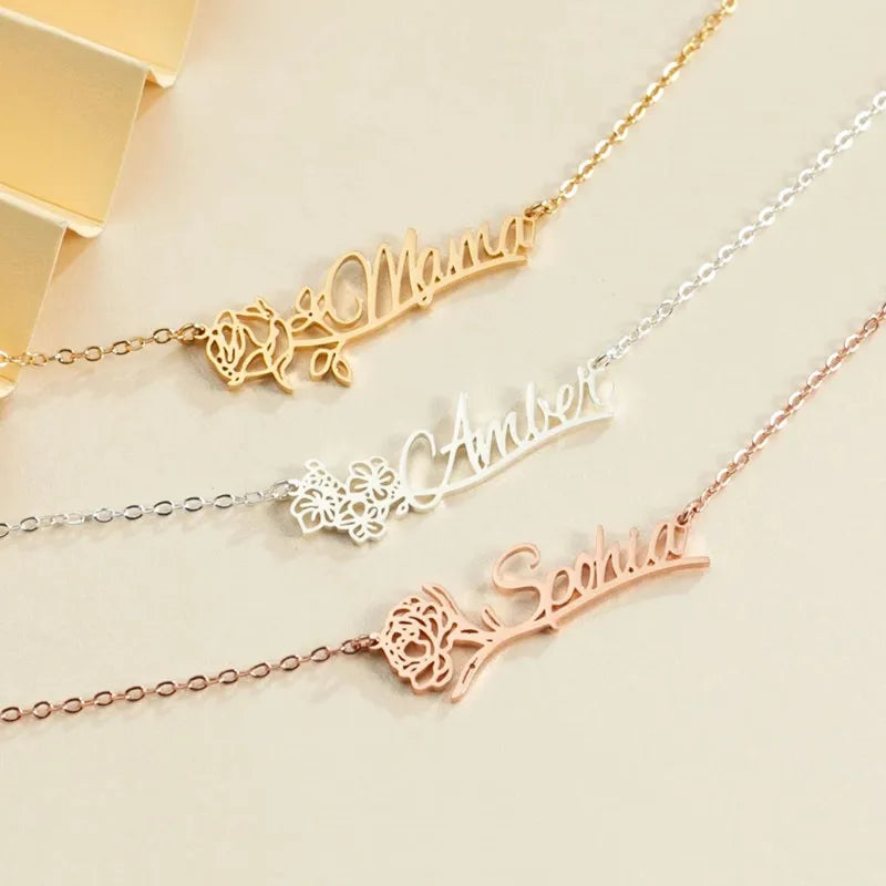 Collane con nome e fiore di nascita nei tre colori: oro, argento, oro rosa